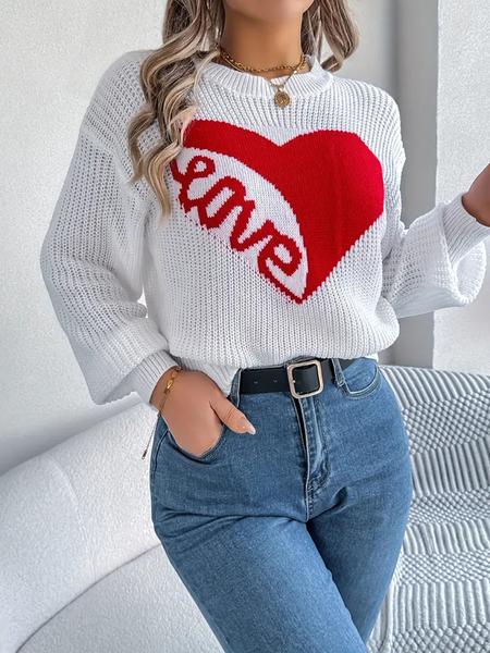 New Heart Loose Knit Sweater for Women, Autumn Winter Round Neck Pullover, Casual Colorblock Design, Lazy Style Heart Pattern Top, Knitted Shirt