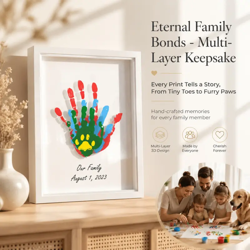 Family Handprint Keepsake Frame - Multi-Layer 3D Design, Personalized Handmade DIY Art for Family & Pet Handprints, Cherish Forever Memories Gift