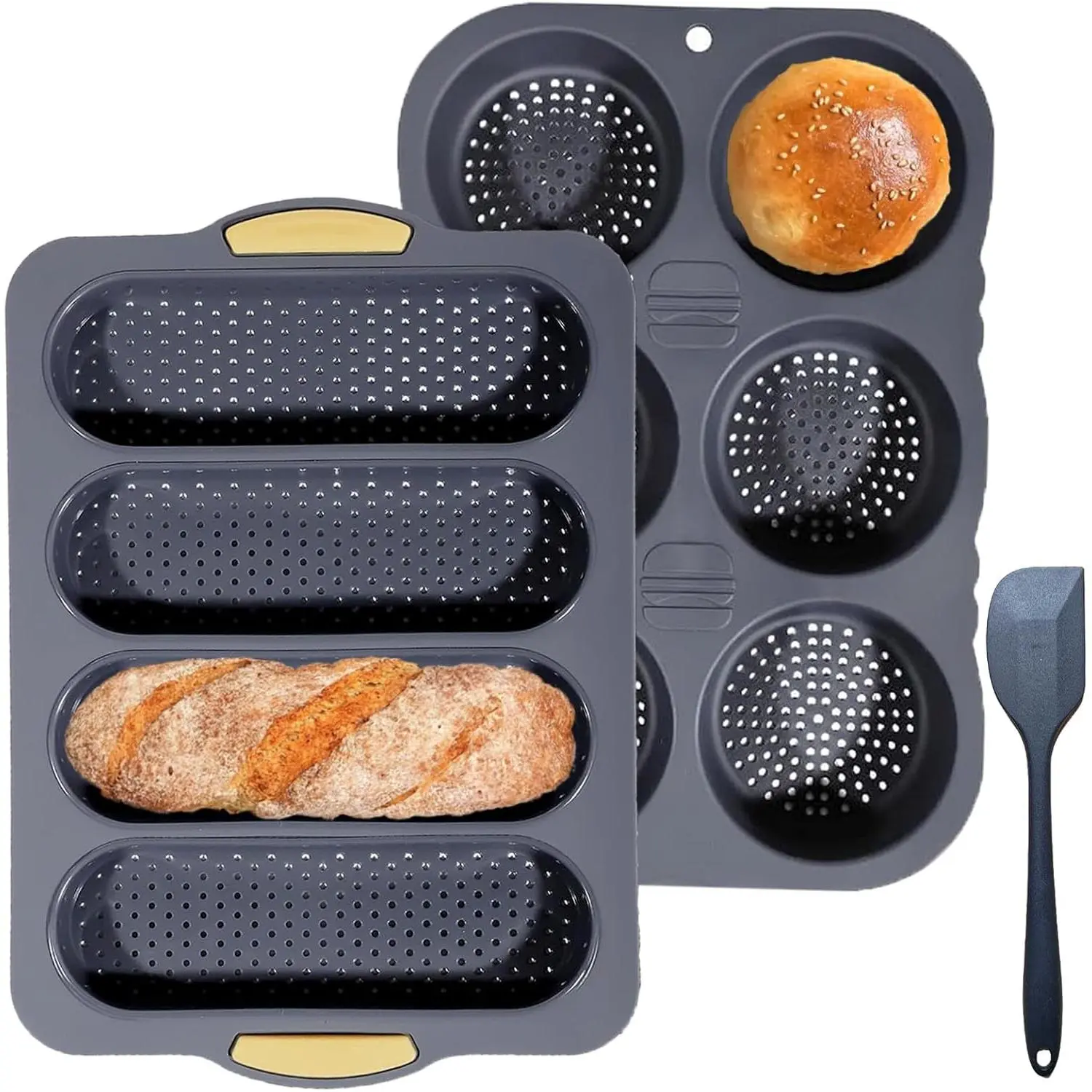 3 PCS Silicone Hamburger Bun Pan and Baguette Pan Set, Non-stick French Bread Baking Mold, 4 Wave French Bread Baking Tray, 6 Cup Hamburger Bun Mold with Scraper for Homemade Bread Loaf Sandwich