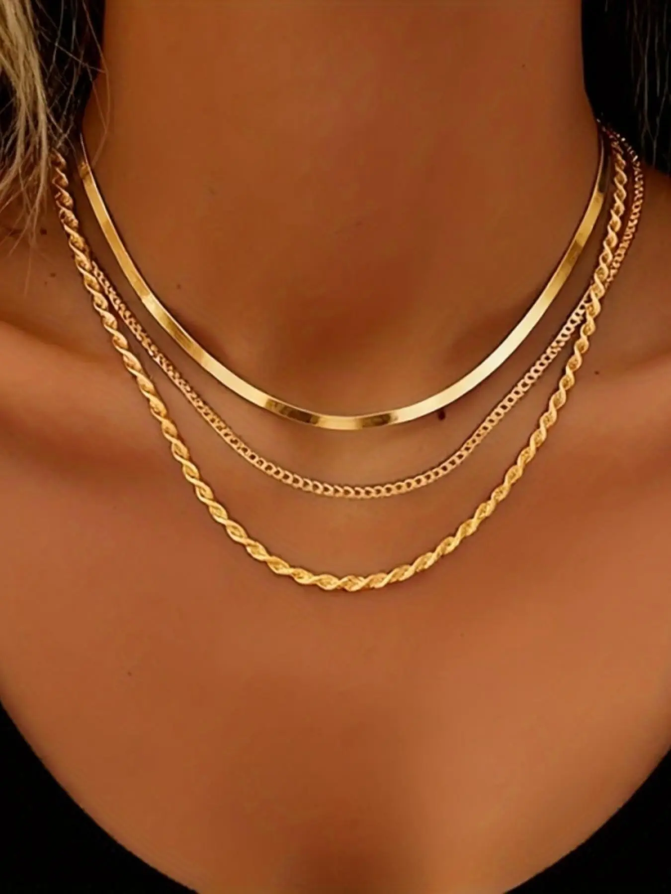 3-Piece 18k Gold Plated Stainless Steel Multi-Layer Necklace, Elegant Chain Design, Versatile Fashion Jewelry for All Seasons