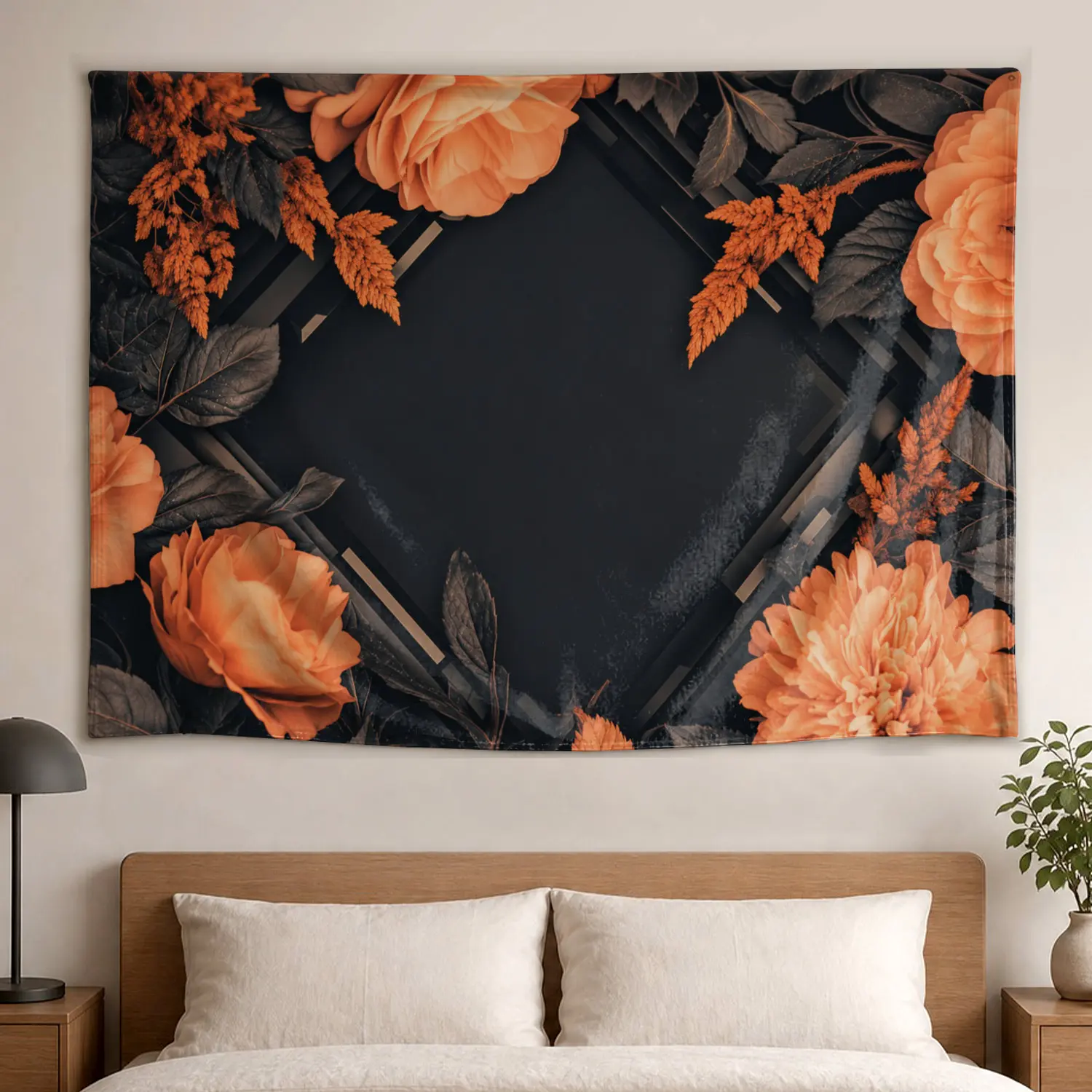 Elegant Orange Floral Frame Wall tapestry, Large size Printed Horizontal Tapestry blanket, Polyester Fabric Wall Hanging for living room, bedroom, No Installation Required, Indoor, Outdoor, Gift for Family and Friends