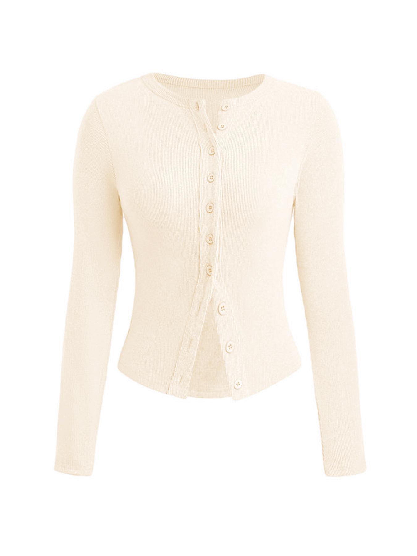 Basic Solid Color Round Neck Button Long Sleeve Slim Top