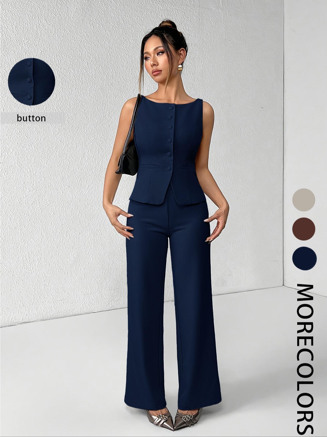 Women's Solid Button Front Sleeveless Tank Top & Wide Leg Pants Set, Casual Elegant Chic Minimalist Fashion Two-piece Set for Summer, Women's Clothing for Daily Wear, Suits, Office Siren Outfits, Casual Matching Set