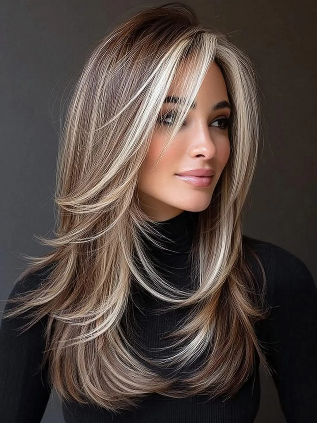 Women's 20-Inch Gradient Layered Wig, Voluminous Straight Synthetic Hair, Curtain Bangs, Wigs With Bangs, Perfect for Parties and Daily Use