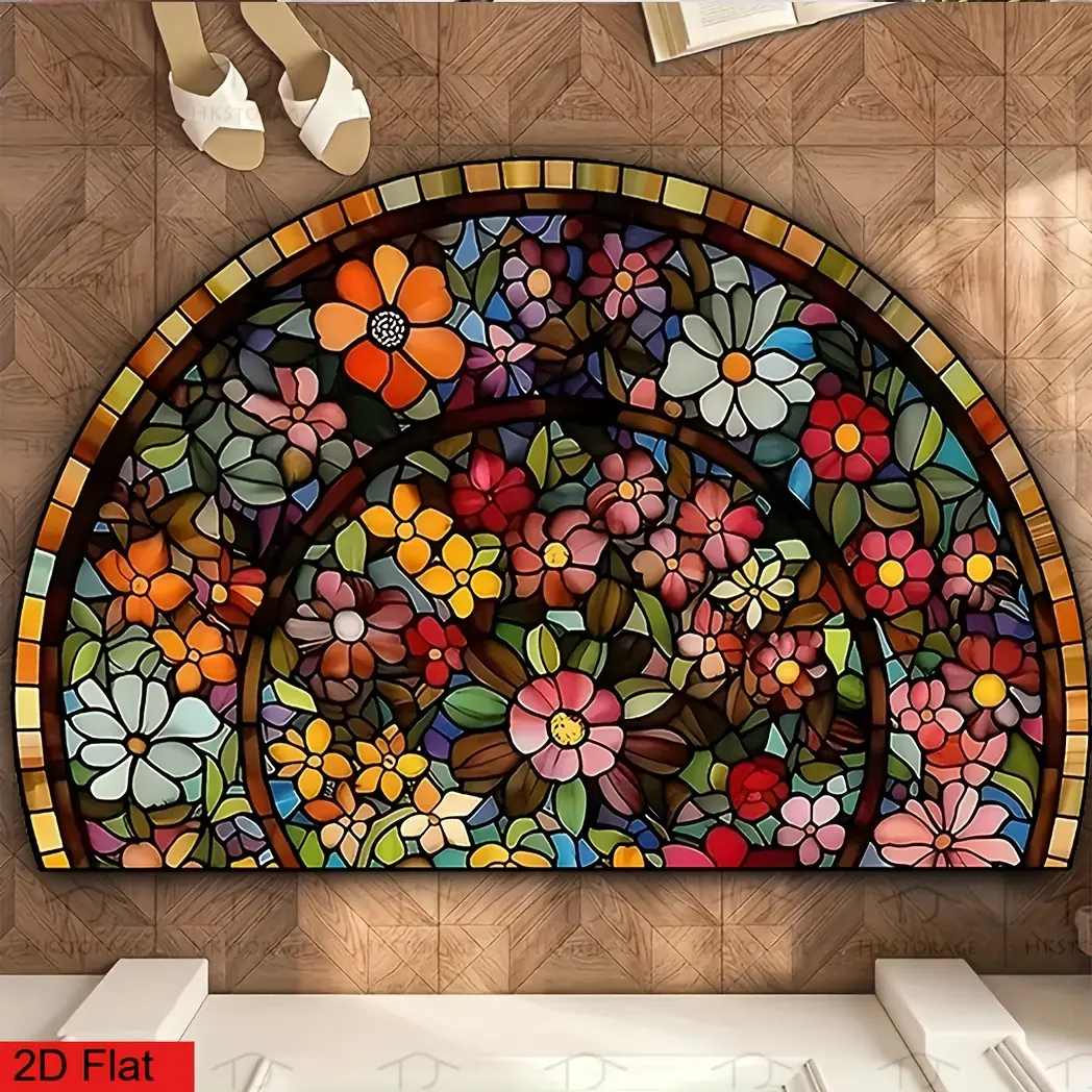 2D 1pc Classic retro style, welcome door mat with colorful flower lines, semi-circular printing design, non-slip, machine washable, suitable for courtyard, foyer, entrance area, essential for spring and summer, festival decoration, Decorative Mats