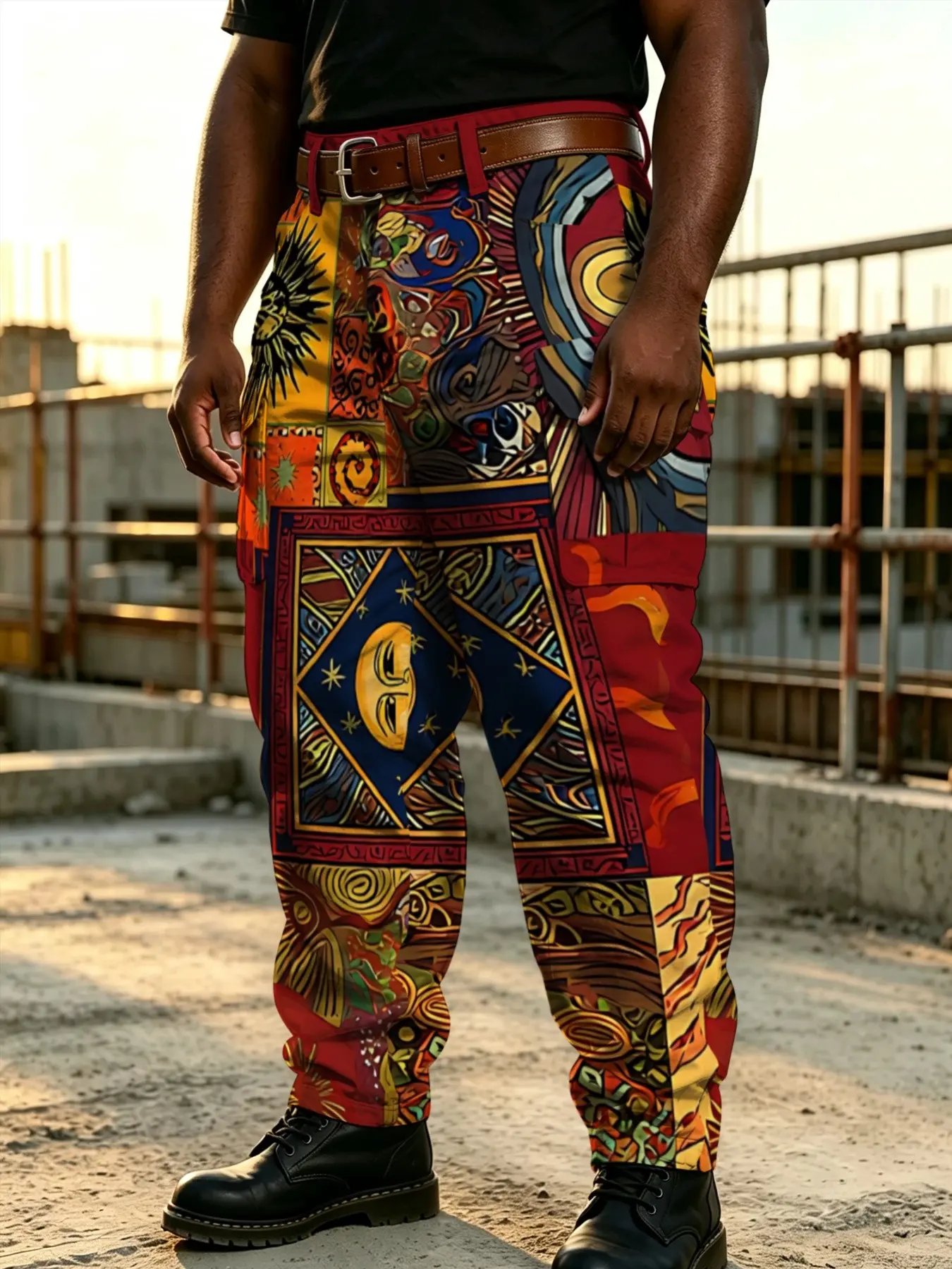 Plus-Size Men's Bohemian Sun and Moon Patchwork Printed Work Pants, Retro Ethnic Style with Abstract Patterns, Multi-Pocket Loose Streetwear Functional Long Pants