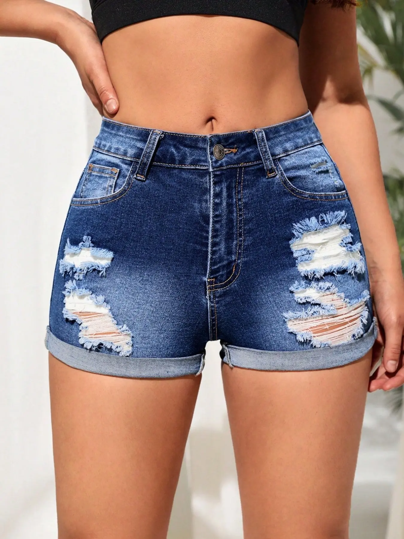 Deep Blue Ripped Hem Denim Shorts, High Waist Flare Fit Slimming Casual Style Hot Pants, Trendy Streetwear for Women