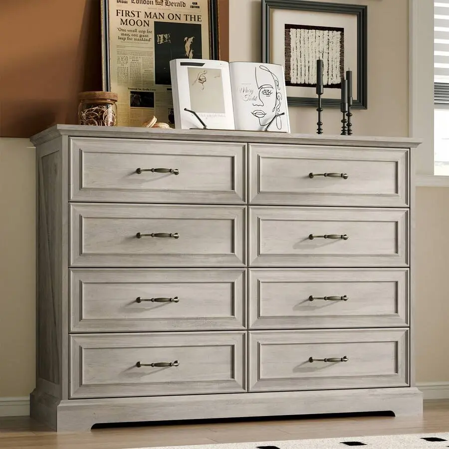 Rustic Wooden 8-Drawer Dresser - Rectangular Single Unit Storage Organizer, Vintage Chest of Drawers with Wood Texture for Bedroom, Living Room