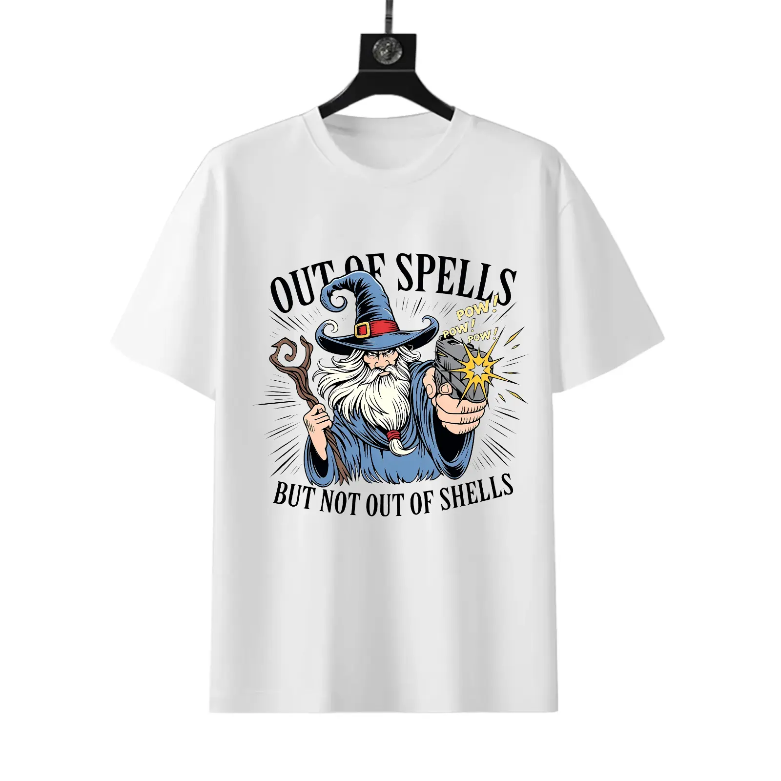 Men's Casual Cotton Blend T-Shirt - Round Neck, Short Sleeve, Retro Artwork Comic Print, Funny 'Out of Spells' Wizard Graphic, Vintage-Style for Fantasy Lovers