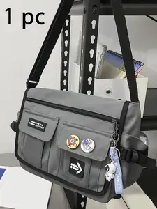 Multi-Pocket Crossbody Bag, Letter Pattern Random Badge Decor, Unisex Backpack for Students, Daily Commute, Travel, Outdoor Activities