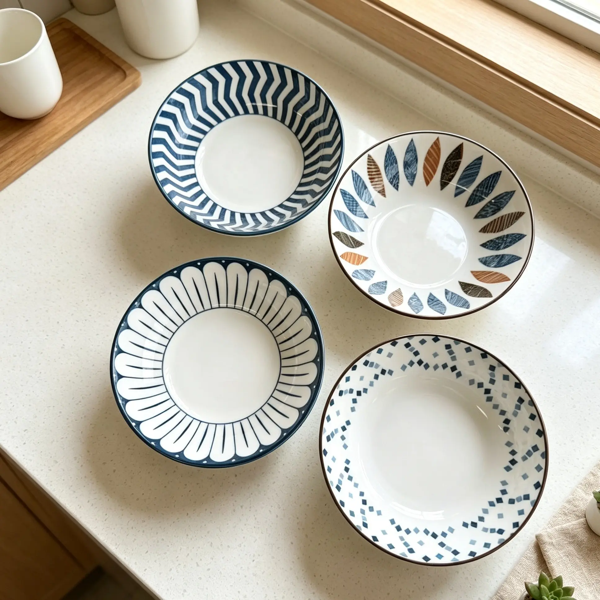 4-Piece Japanese Style Ceramic Dishes Set, 5.6 Inch Bone China Serving Plates for Snacks Fruits Desserts, Microwave Dishwasher Safe