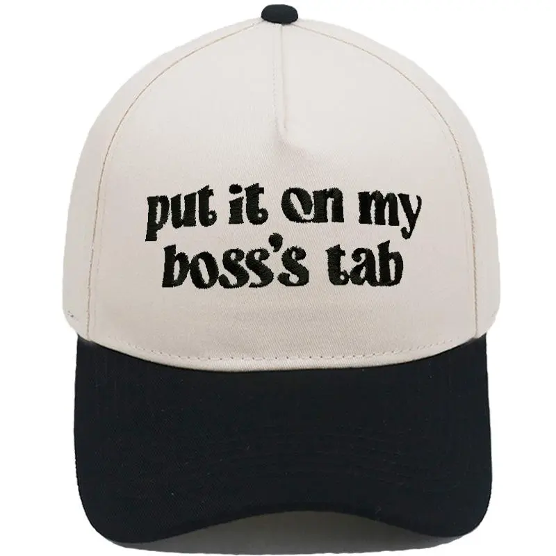 Funny "Put It On My Boss's Tab" Embroidered Baseball Cap - Sarcastic Work Humor Trucker Hat, Trendy Slogan Hat for Office Use, Corporate Office Wear, Office Wear