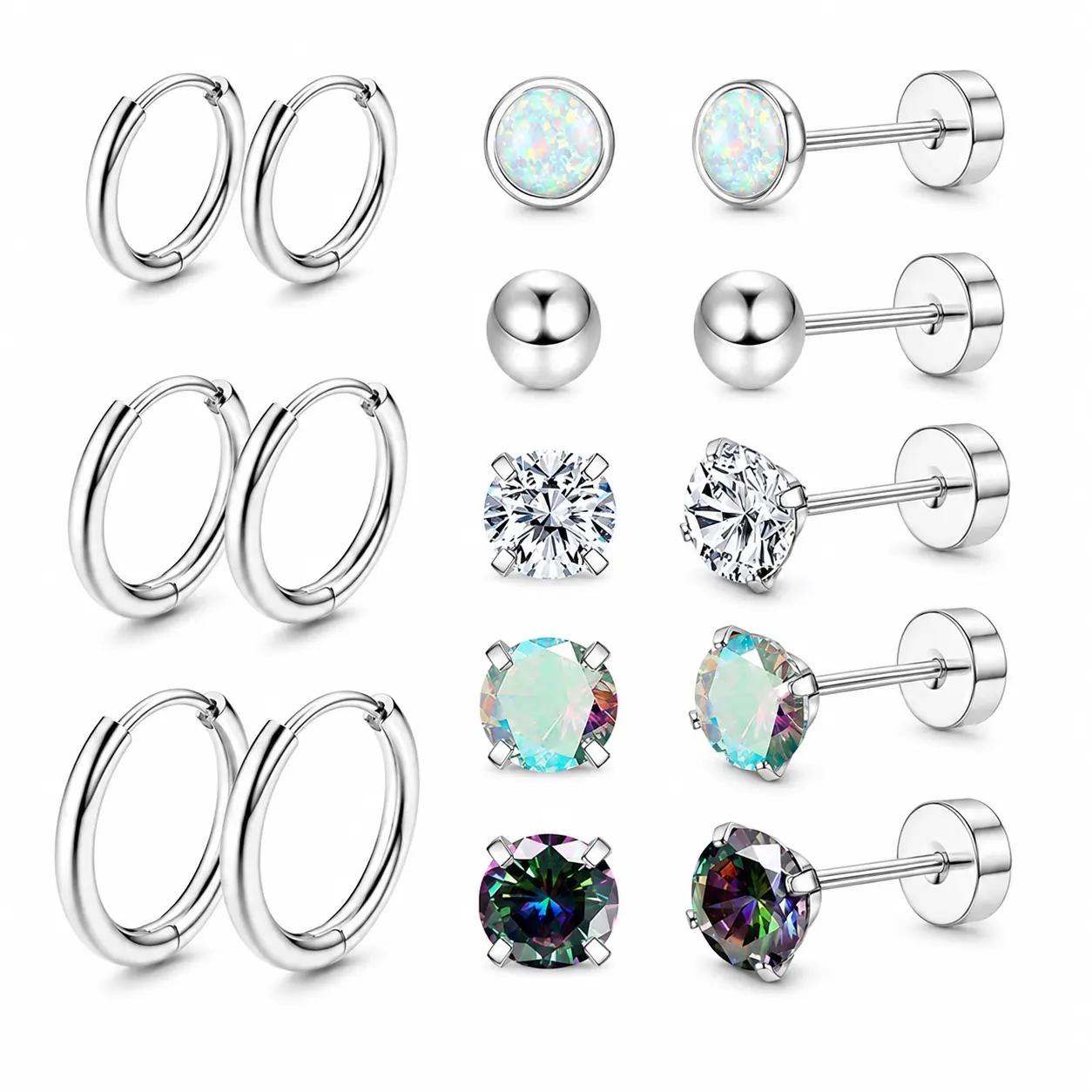 8 Pairs Stainless Steel Earrings Set for Women, 316 Steel Flat Back Stud Earrings & Huggie Hoop Earrings, Hypoallergenic Small Cartilage Earrings, CZ Opal Ball Studs Stackable Ear Jewelry Gift for Her