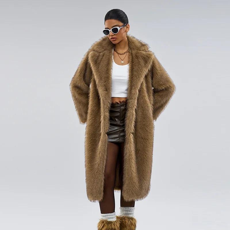 European And American Style Autumn Winter Women's Long Faux Fur Coat With Blazer Collar Faux Fur Jacket Outerwear Womenswear1123