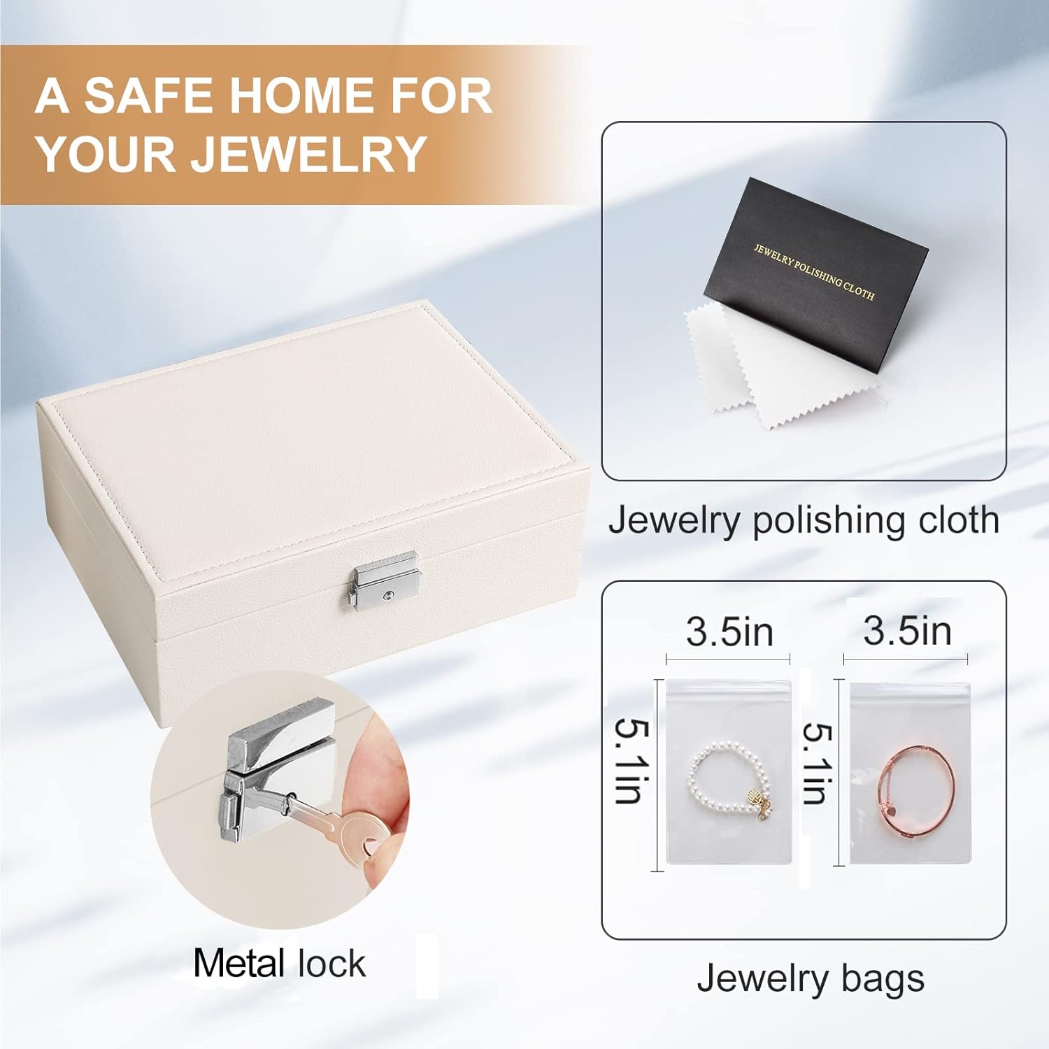 Jewelry Organizer Box PU Leather Jewelry Box for Girls Womens Earring Organizer Boxes 2 Layer Large Jewelry Storage Case Removable Tray for Necklace Earring Ring with Polishing Cloth and Jewelry Bags