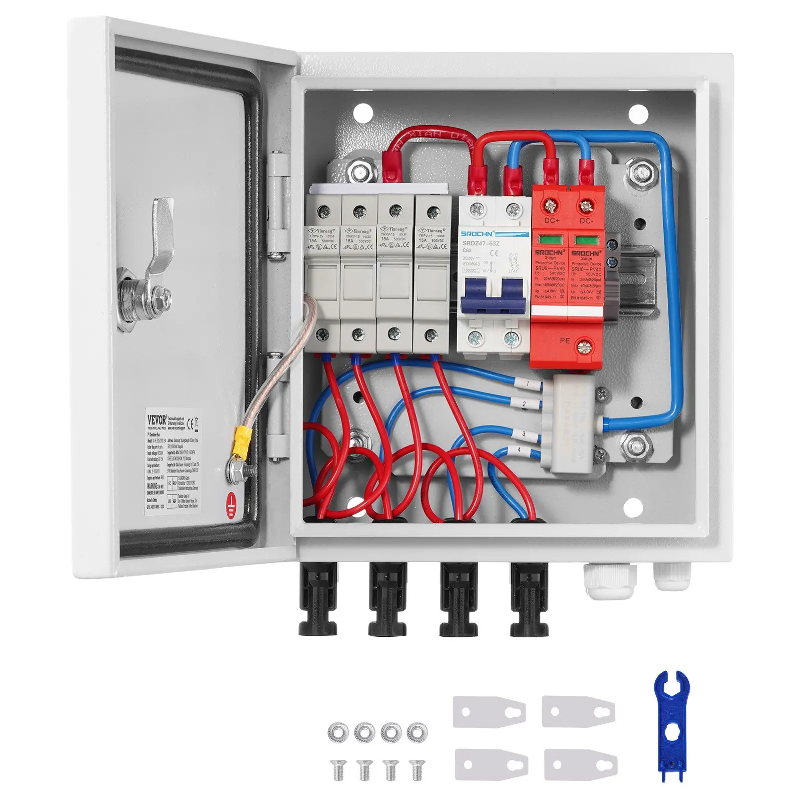 VEVOR PV Combiner Box, 4 String, Solar Combiner Box with 15A Rated Current Fuse 63A Circuit Breaker Lightning Arrester and Solar Connector, Steel Case for On/ Off Grid Solar Panel System, IP65