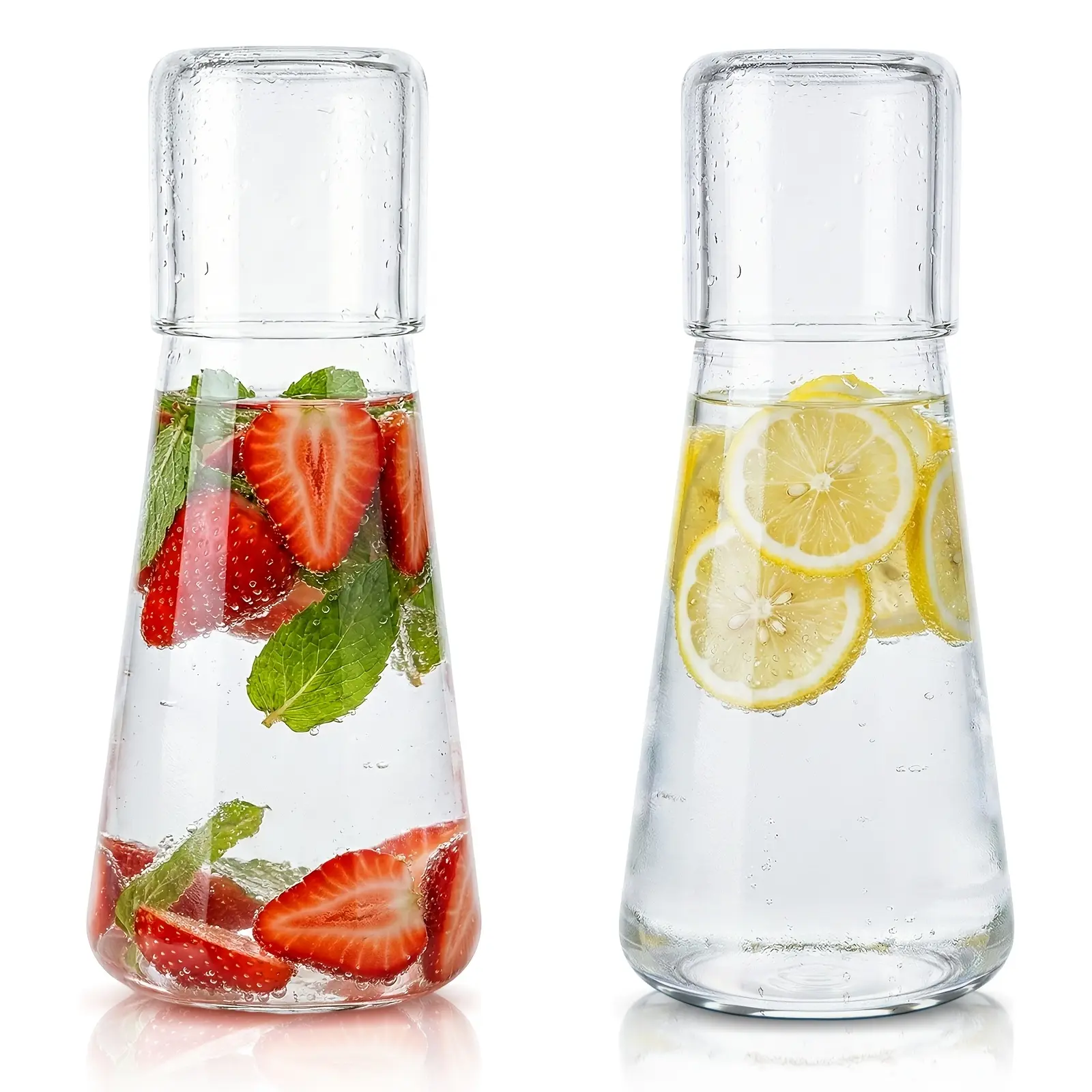 2pcs Portable Round Glass Bedside Water Bottle with Cup Set, 30oz/850ml Double-Layered Kitchenware Drinkware with Straw, for Bedroom Nightstand Boba Tea-Iced Beer, Husband Birthday Gift Idea