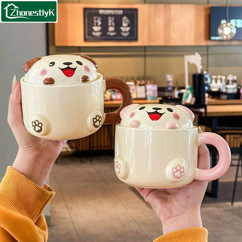 Creative Cute Puppy Ceramic Mug Breakfast Water Cup with Lid and Spoon Childrens Holiday Cartoon Water Cup