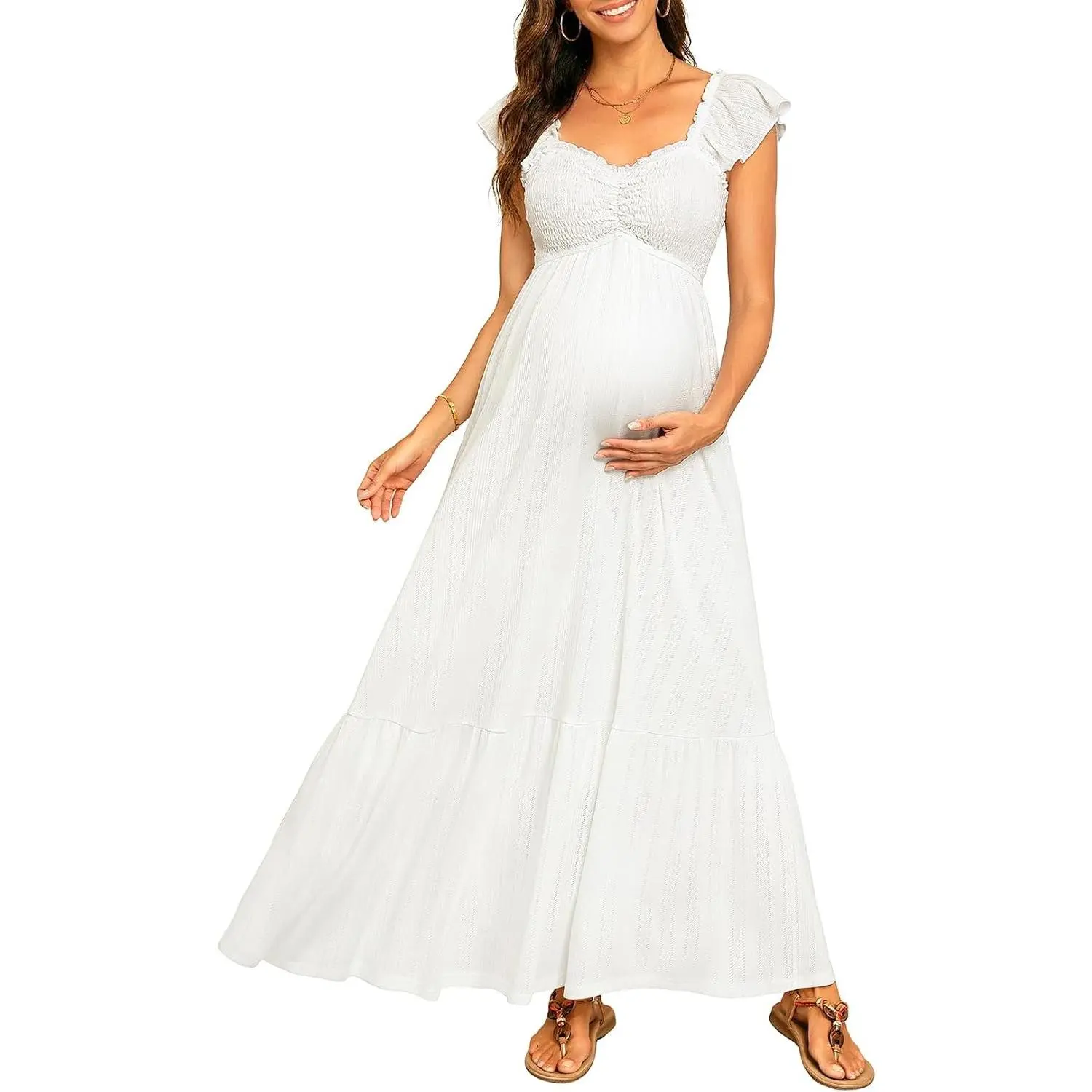 Maternity Photoshoot Baby Shower Pregnancy Summer Maxi Dress Textured breathable fabric, smocked bodice, ruffle sleeves, A-line cut for bump, cool spring wear, easter, postpartum