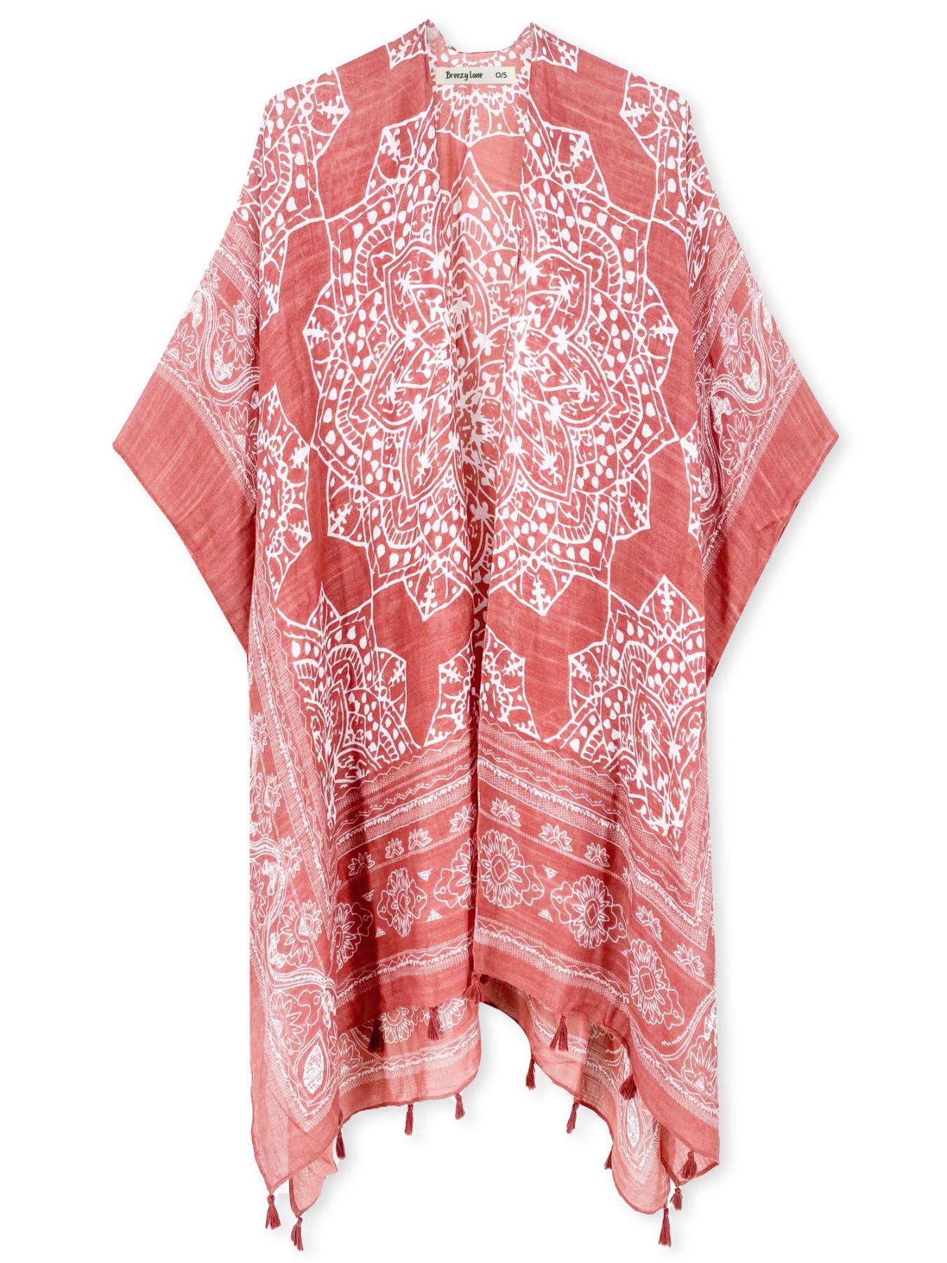 Women's Ethnic Pattern Kimono, Boho Casual Open Front Cover Up for Beach Vacation, Ladies Spring & Fall Clothes