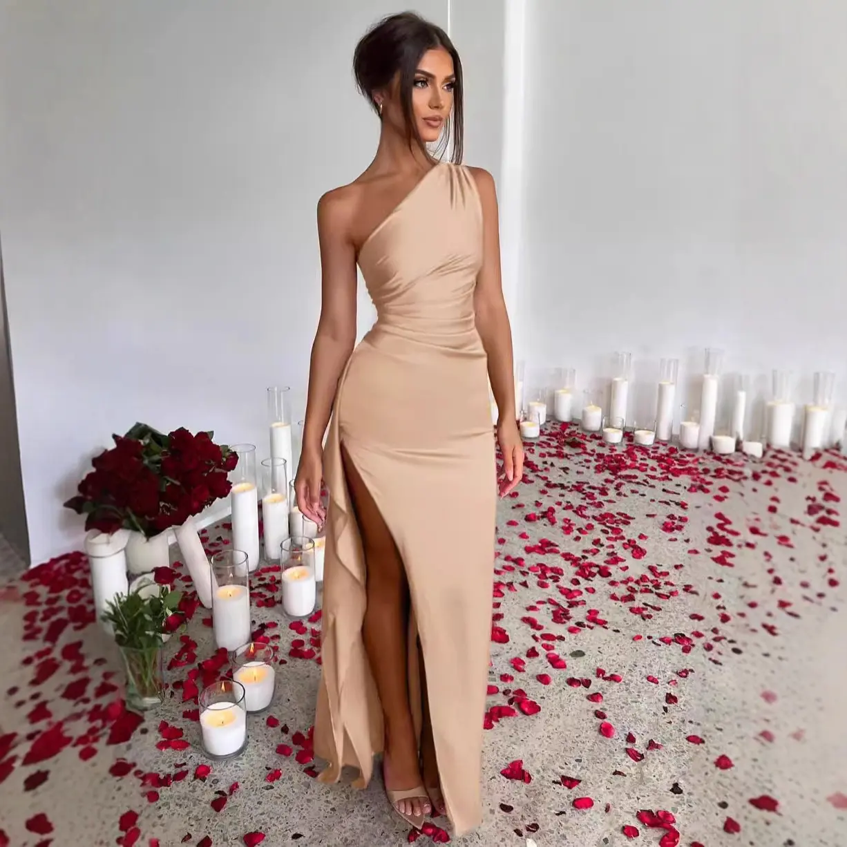 Women's 1-Shoulder Satin Maxi Dress - Ruched Waist, High Slit, Bodycon Formal Gown for Anniversary, Party