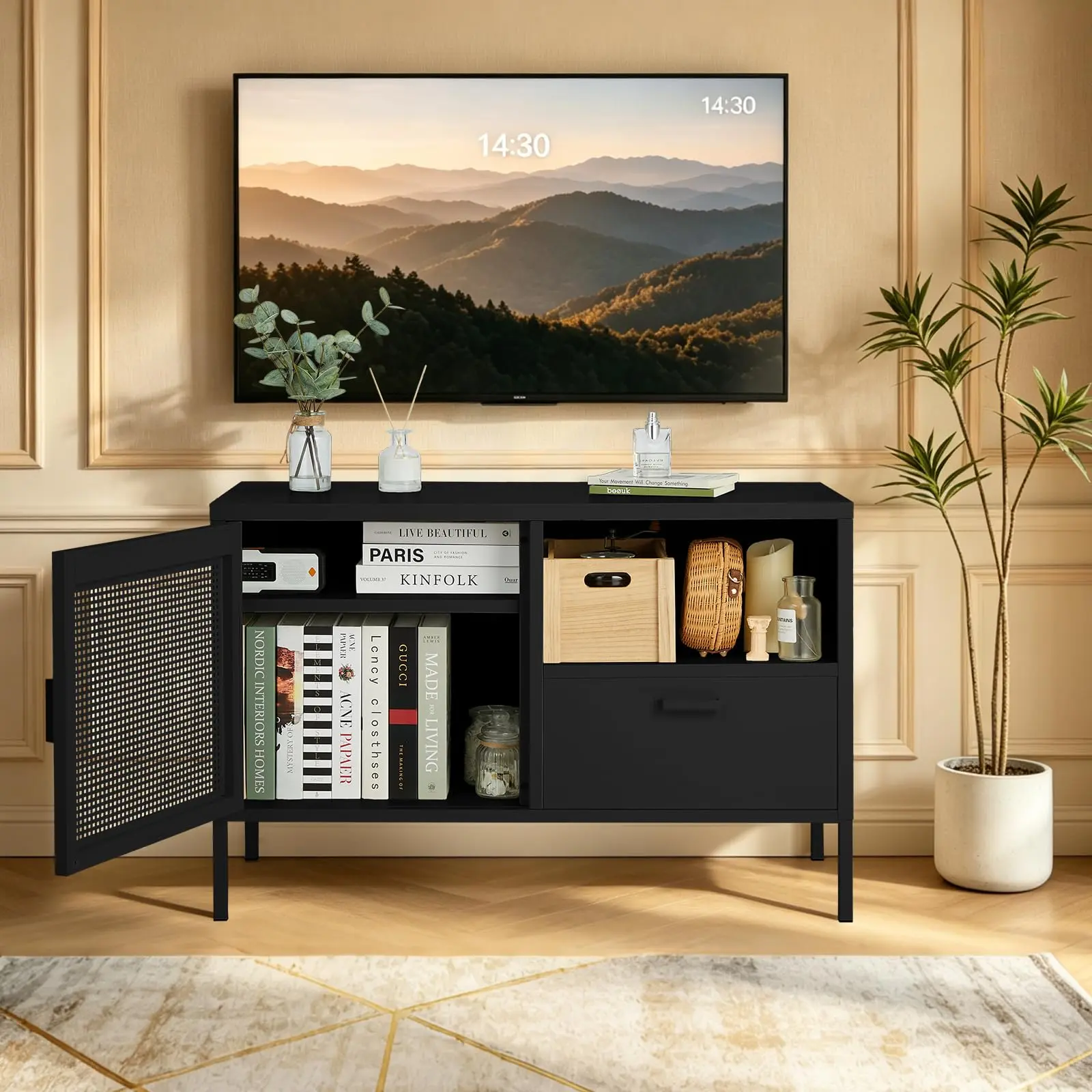 Metal Storage Cabinet for Living Room, Media Console Table with Open Shelves | Cold-Rolled Steel Entertainment Center, Anti-Slip Feet