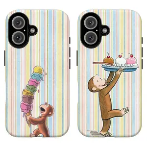 FL-Curious Georgeee Kawaii Ice Cream Phone Case, Pastel Stripes Cute Monkey Art Tough Case for Girls For iPhone 11 12 13 14 15 16 17 Air Pro Max for Samsung S26 S25 S24 S23 S22 S21 Case,Gift for fans