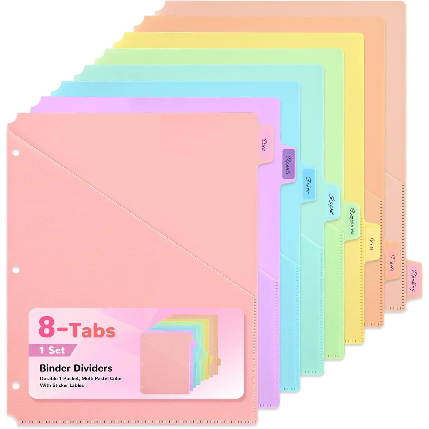8 Tab Binder Dividers with Pockets - Heavy Duty Plastic Dividers for 3 Ring Binder, Letter Size Poly Page Separators with Tabs & Label Stickers,  Texture, 8 Pastel Colors, 1-Pack