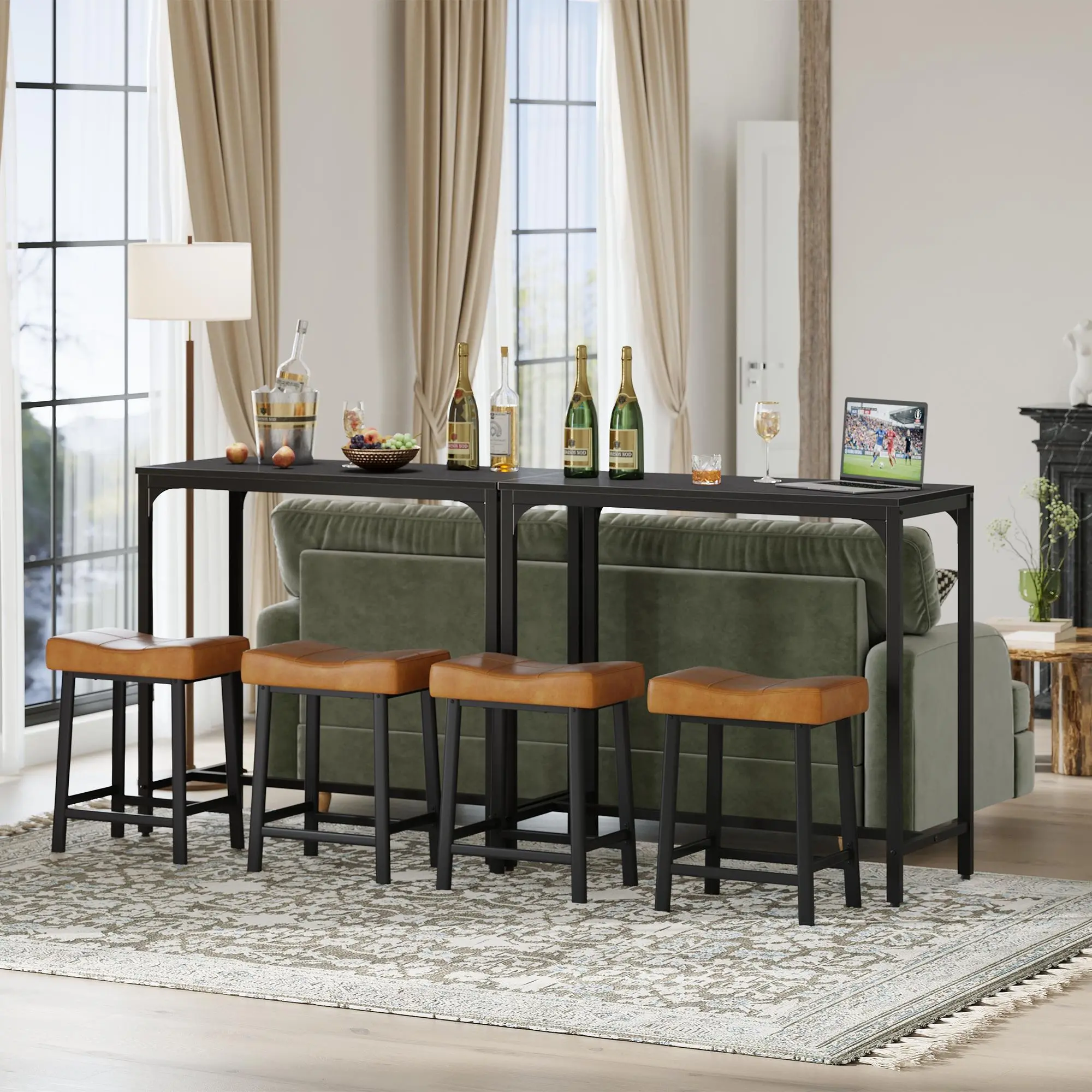 Garvee Industrial Rectangular Bar Table with Metal Frame – 42.5" Counter Height Pub Table for Small Spaces – Black Embossed Top & Black Tube