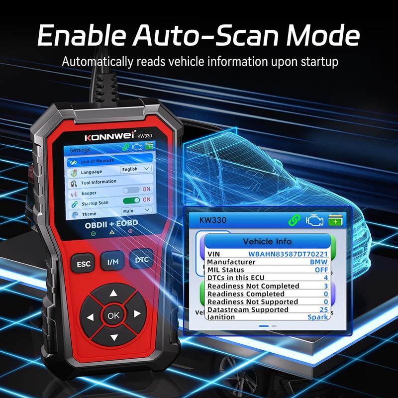KONNWEI KW330 OBD2 Scanner with 2.8 Inch Color Screen, Free Upgrade & Print Function, Diagnostic Tool for Cars