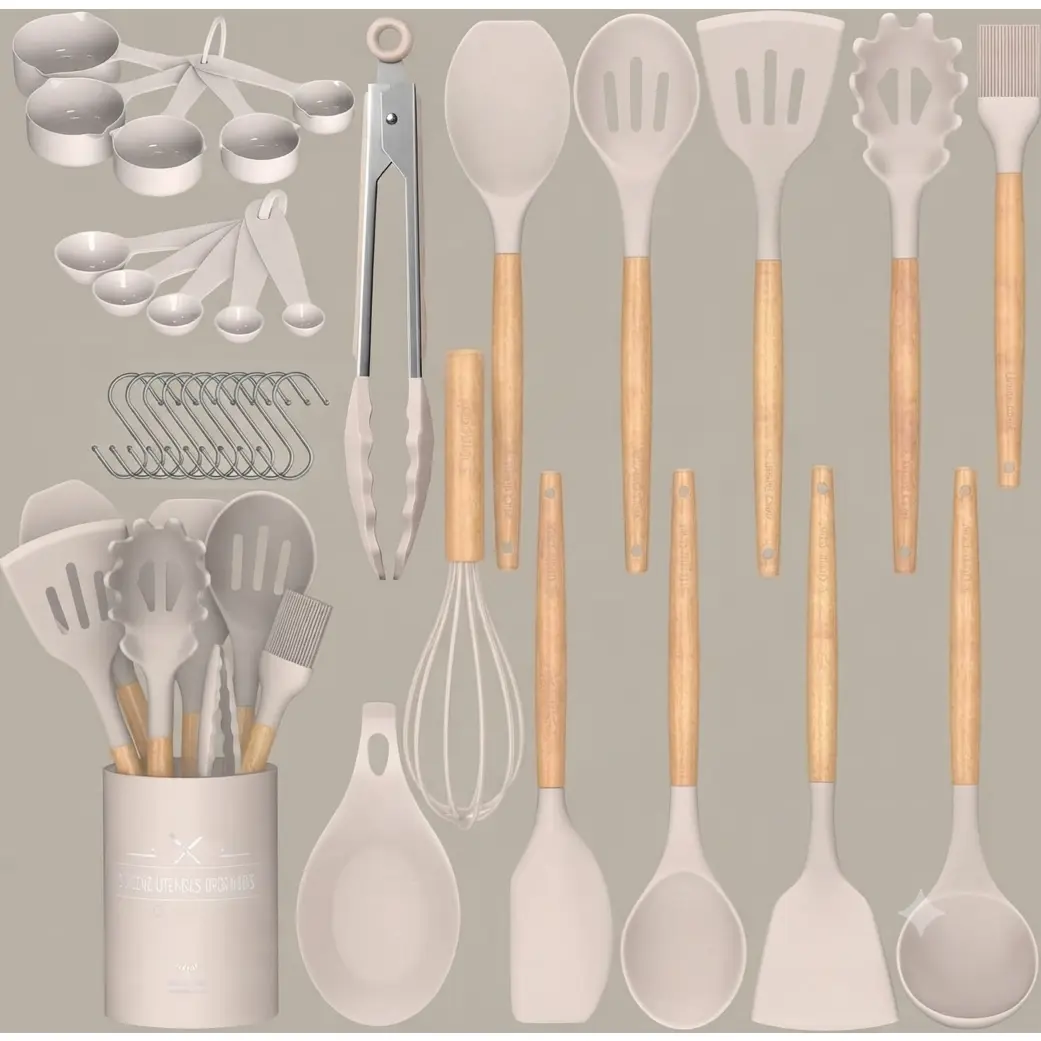 【HUOMAQFAN】 33-Piece Kitchen Utensil Set - Premium Non-Stick Silicone Cooking Tools with Wooden Handles, Heat-Resistant Spatula, Gadget Kit with Storage Holder for Non-Stick Cookware (Khaki)