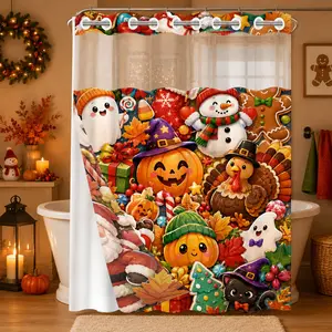 1Pc Hookless Waterproof Shower Curtain, Cartoon Christmas Thanksgiving Pumpkin Turkey Snowman Mix Print, Quick Dry Mildew Proof Fabric, Removable Snap-in Liner Accessory, Top See-Through Window, Cute Holiday Divider Curtain 71×74 Inch