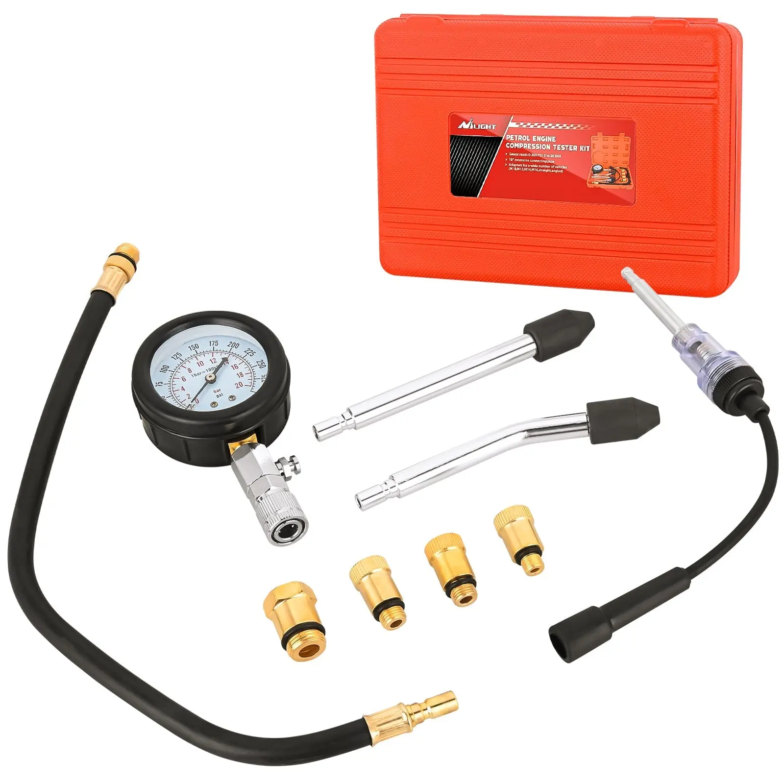 Nilight 9PCS Engine Compression Tester Kit for Car, Motorcycle, ATV & UTV Petrol Gas Engines - Anti-Scratch Coating, 17.7-in M10-M18 Adapters, Quick-Connect Rubber Component, Acrylic Glass Part, 300 psi/20 bar, Easy-to-Carry Car Repair & Inspection Tool