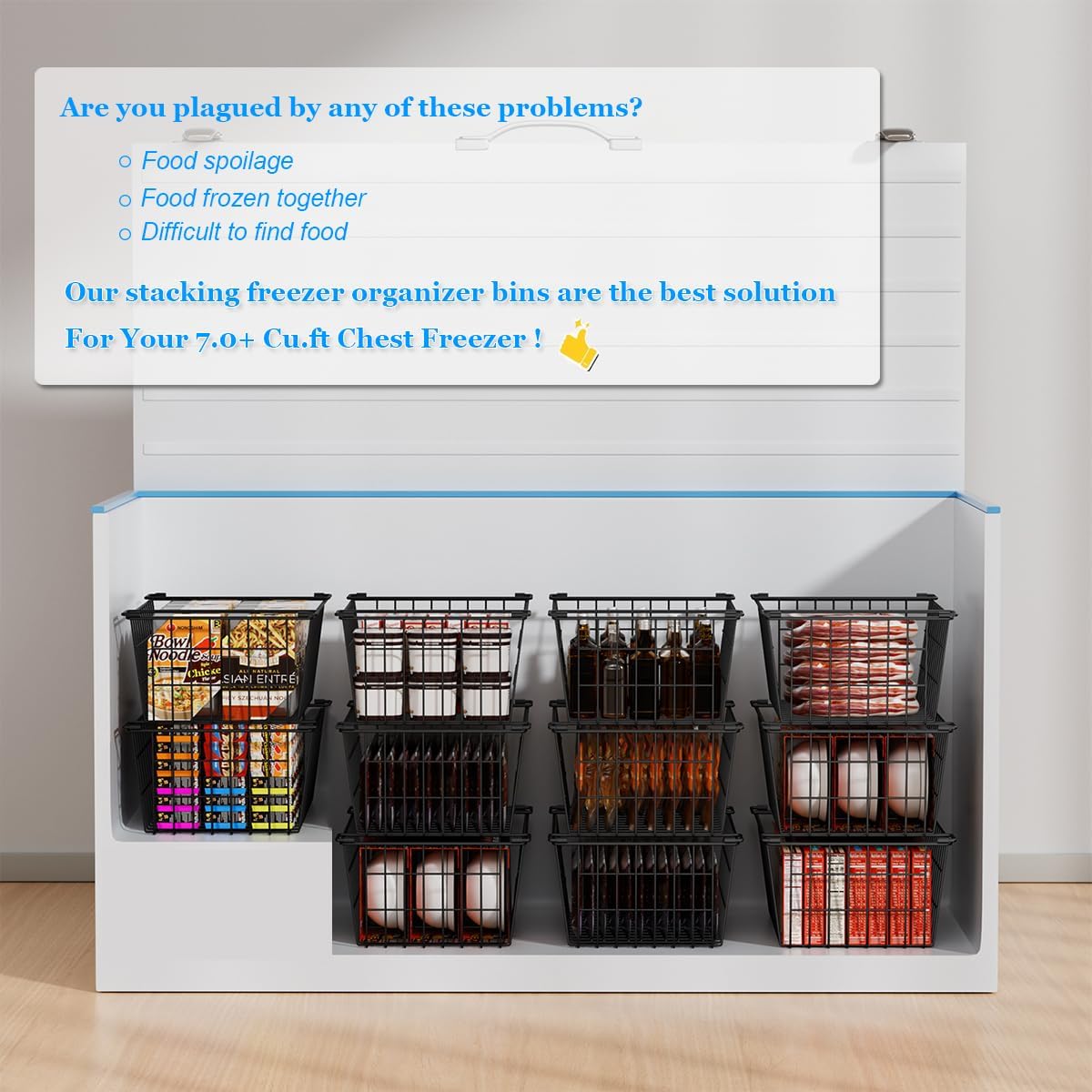 Freezer Organizer Bins, Large Capacity Stackable Baskets for Deep Chest Freezer Easy Get and Sort Bottom Frozen Meats  Storage Containers Pantry Storage and Organization, 4 count