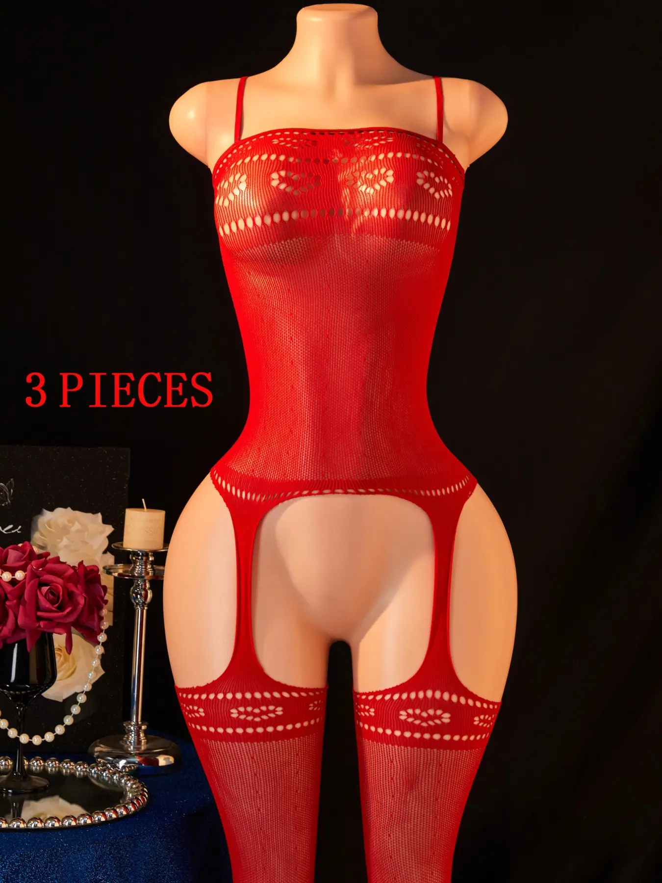 Women's Sexy Fishnet Bodysuit, Stretchy Tight Fit, Sheer Teddy Lingerie, Simple Heart Print, Nightclub Party Underwear, Elegant Evening Wear, Bodysuit Waist