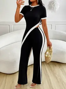 Elegant Chic Women's Asymmetrical Hem Slash Neck Short Sleeve T-Shirt and Wide Leg Pants Set, Stylish Two-Piece for Daily Wear