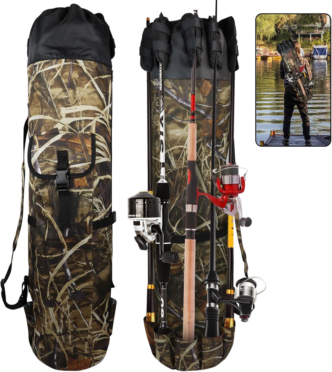 Foldable Oxford Fabric Fishing Rod Storage Bag, Portable Lightweight Outdoor Shoulder Carry Case Green for Men Fishing Gear and Baitcaster Rods
