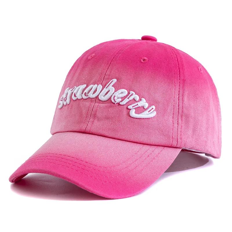 New Women Washed Cotton Cap Strawberry Embroidery Gradient Color Baseball Cap Female Outdoor Fashion Dad Hats