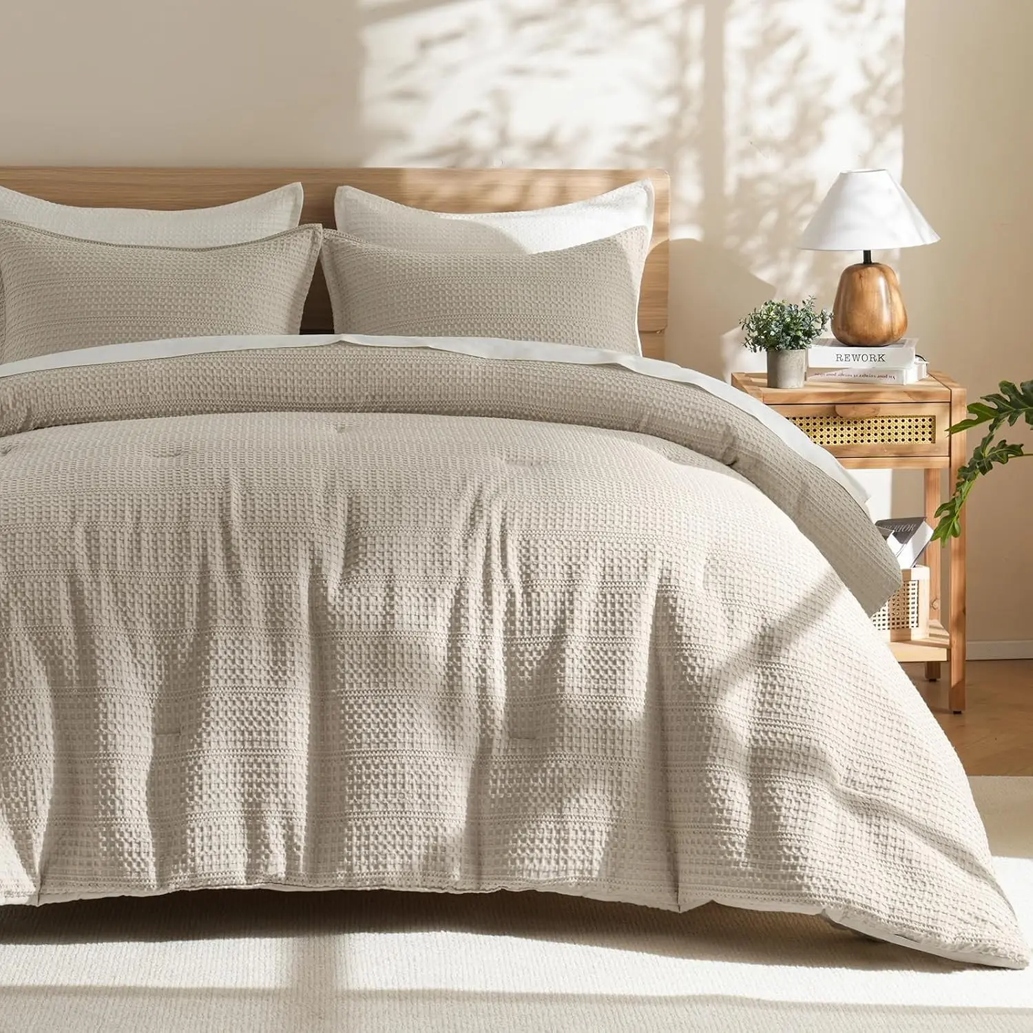 Soft Waffle Comforter Set Queen Size- Comfy Breathable Waffle Weave Comforter with 2 Pillow Shams, 3 Pieces Less Snagging Lightweight Textured Bedding Set for All Season, Natural/Linen