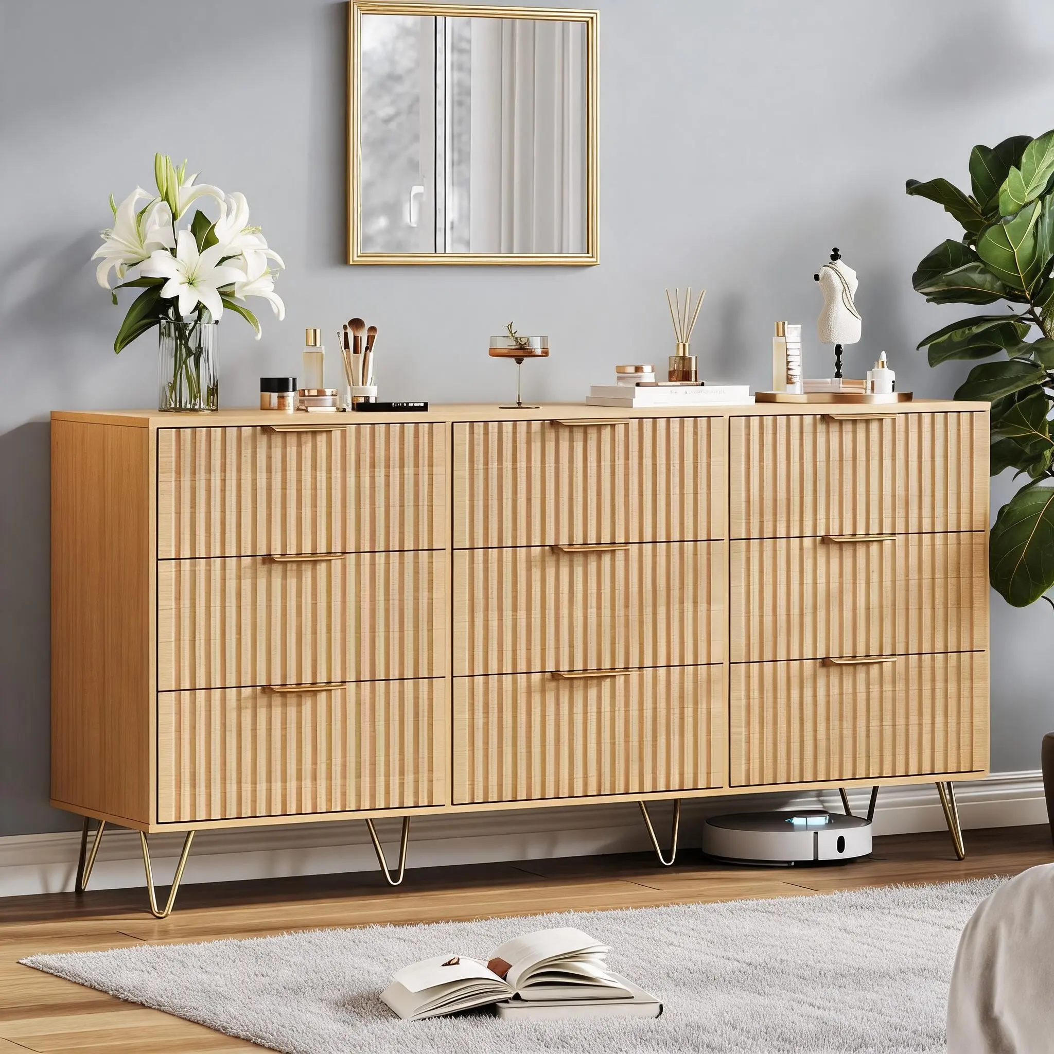 9-Drawer Wooden Bedroom Chest With 63 Inch Width Large Storage Cabinet And TV Stand Equipped With Metal Handles For Bedroom Daily Storage