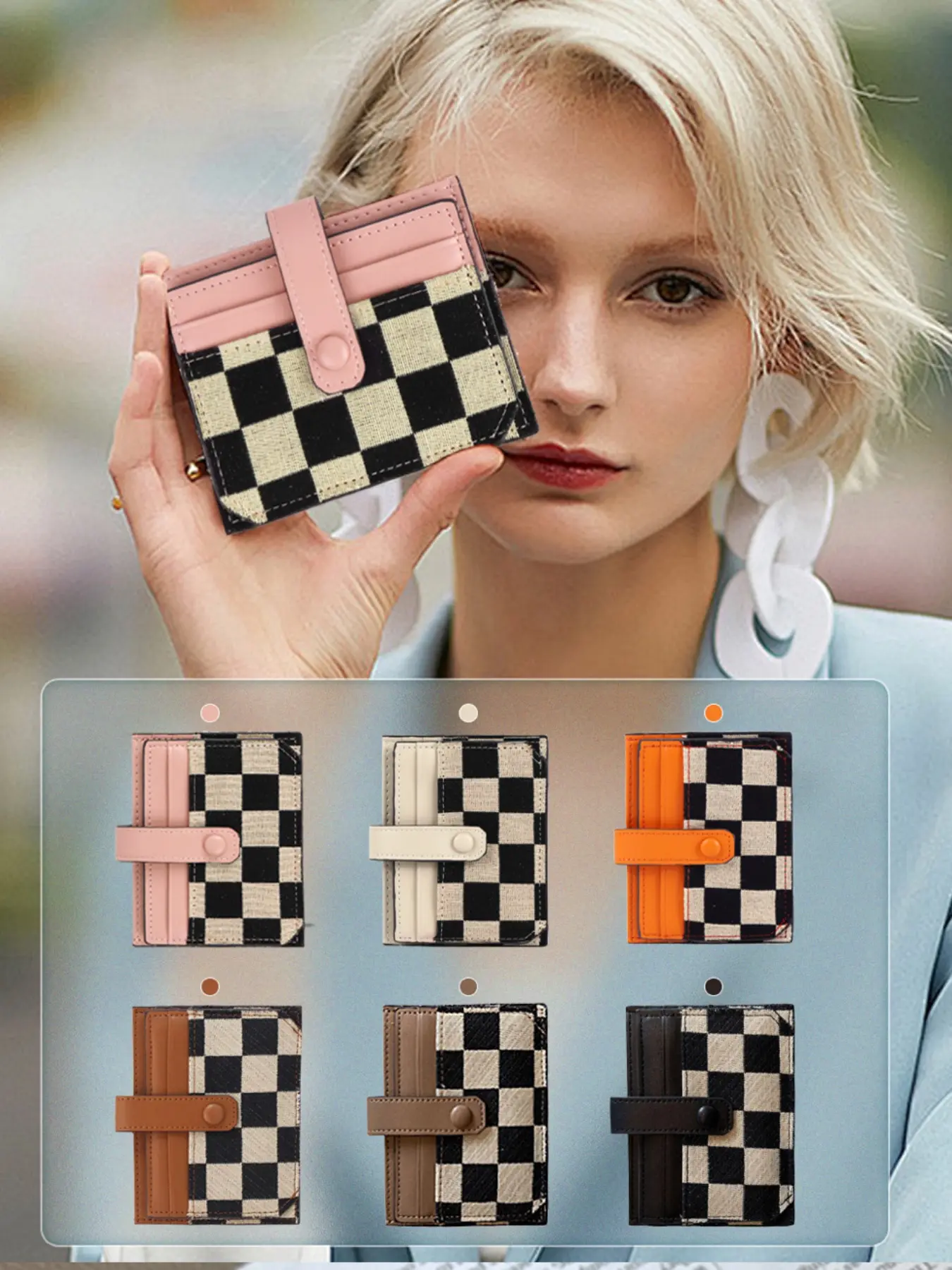 Checkered Card Holder Wallet for Women, Mini Snap Button Card Case, Slim Portable Credit Card Organizer for Daily Carry