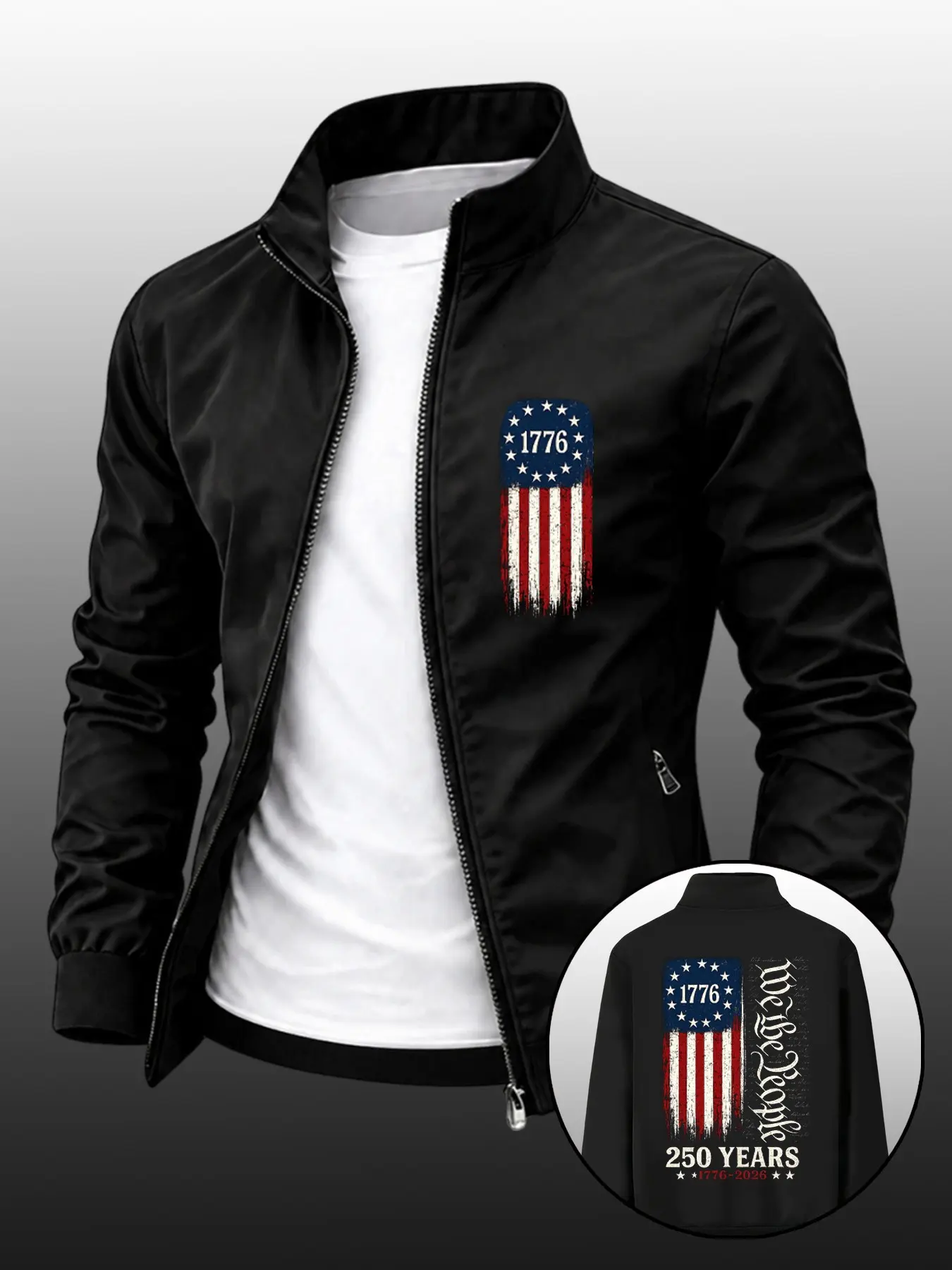 Men's Vintage Lapel Jacket, Distressed American Flag 1776 Zipper Outerwear, Durable Business Style, Perfect Gift for Him