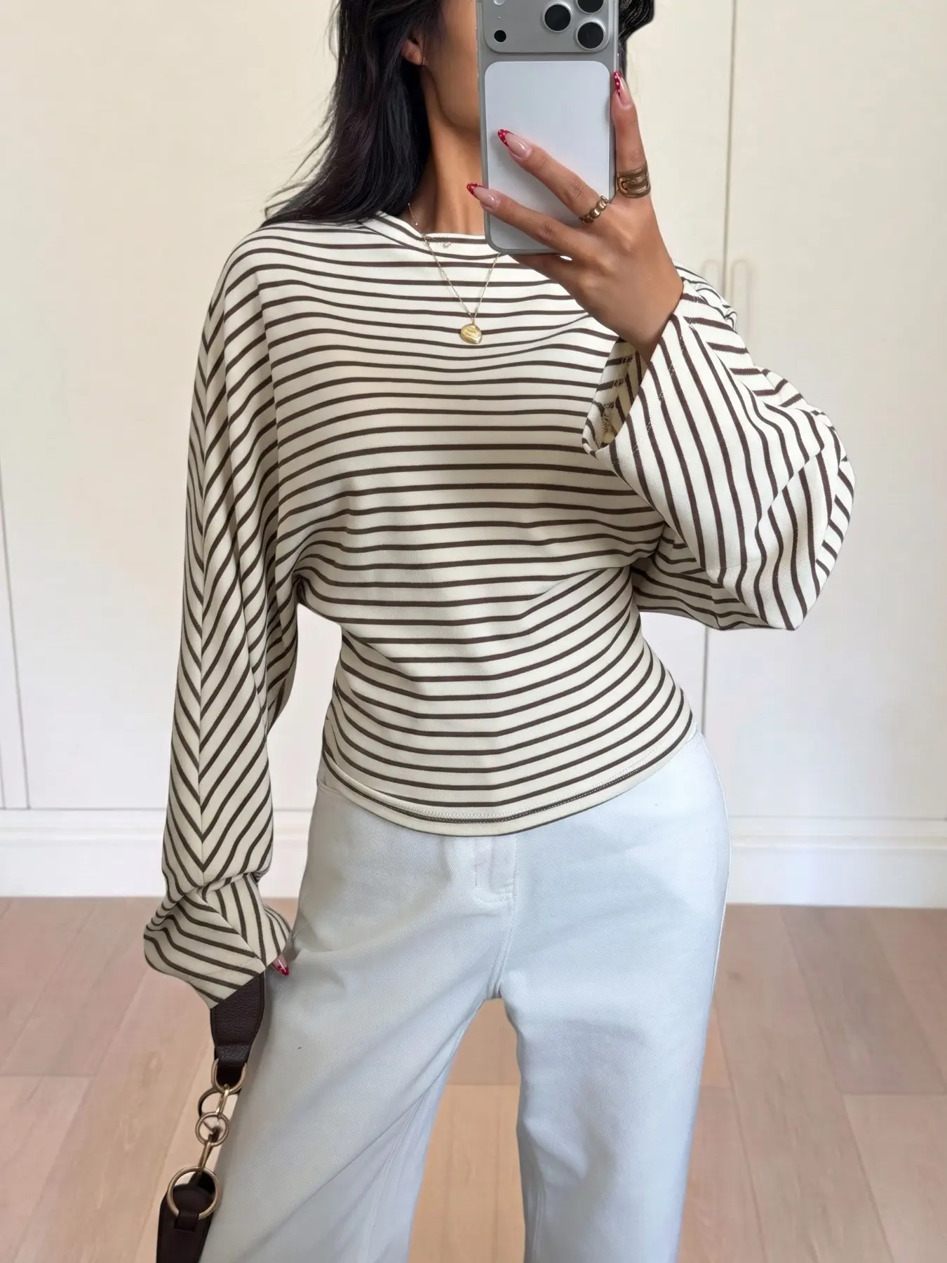 Women Y2K Coquette Striped Long Sleeve Top, Crew Neck Batwing Sleeve Dolman Loose Fit Slim Hem Cropped Blouse, Swanny Pants, Autumn Outfits Women, Casual Fall Streetwear Pullover for Daily Going‑out