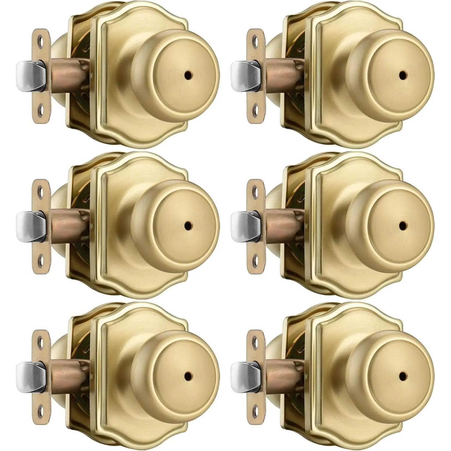 6 Pack Gold Door Knobs with Camelot Trim,Interior Door Knob with Lock,Coastal Privacy Door knob for Bath and Bedroom, Satin Brass