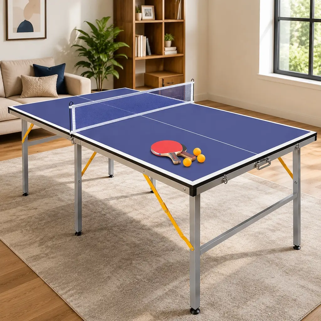ARCH 6ft Blue Mid-Size Foldable Table Tennis Table Set with Net, 2 Paddles, 3 Balls - Portable Ping Pong Table for Indoor Outdoor Game Room, MDF Surface, 72x36x30 Inches