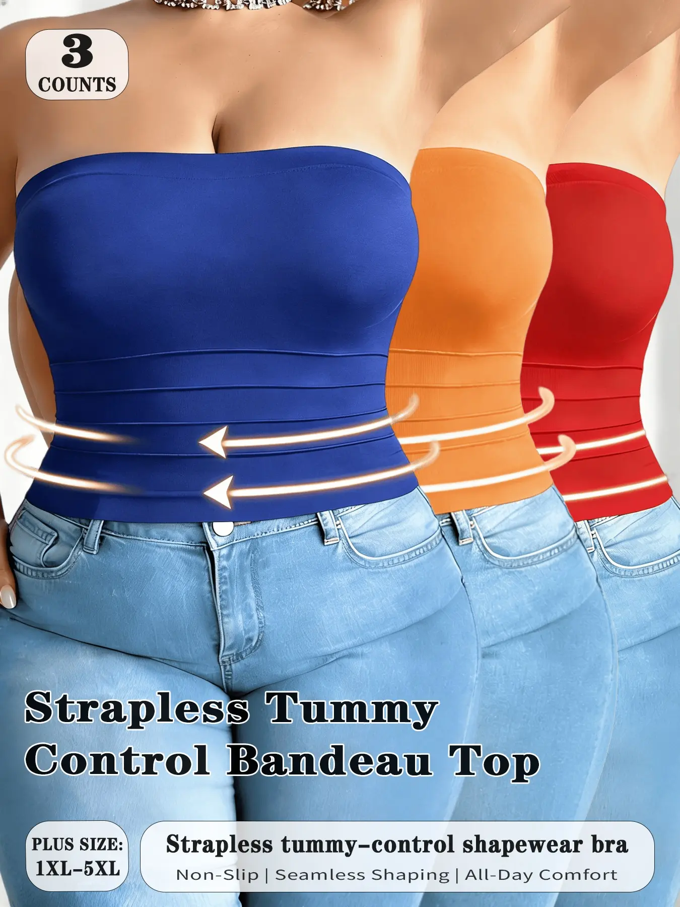 3-PCS Waist Cinching Bra Tops, Strapless Non-Pressing Invisible Shapewear, Daily Wear Foundation Garment, Comfortable & Stylish