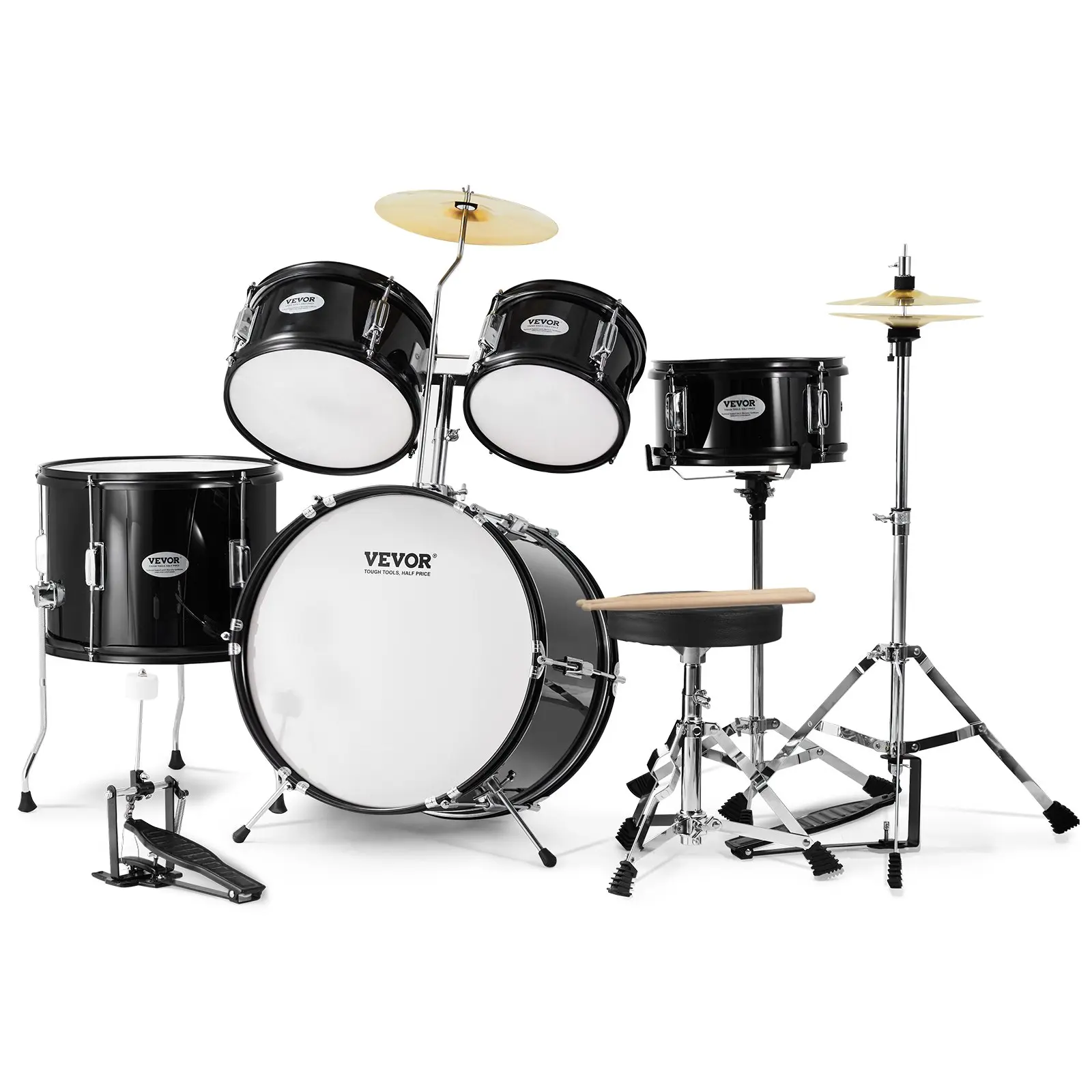 【DealsForYouDays】VEVOR Kids Drum Set, 5-Piece, 16 in Beginner Full Drum Set with Bass Toms Snare Floor Drum Adjustable Throne Cymbal Hi-Hat Pedal and Two Pairs of Drumsticks, Starter Drum Kit for Child Kids, Black