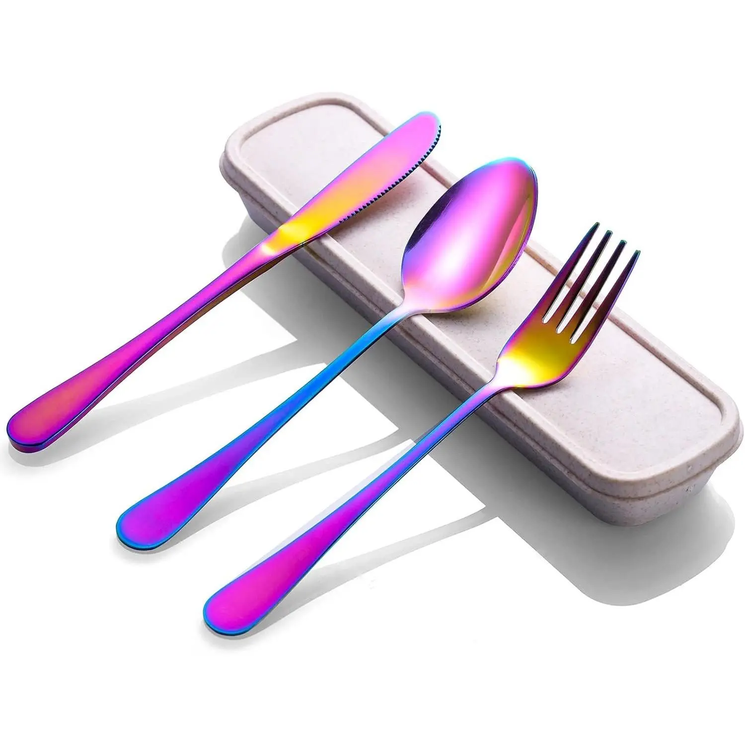 Travel Utensils with Case, 4- Stainless Steel Set, Rainbow | Colorful  fork, spoon and  set for work lunch, school, picnic and travel; portable case, dishwasher safe.