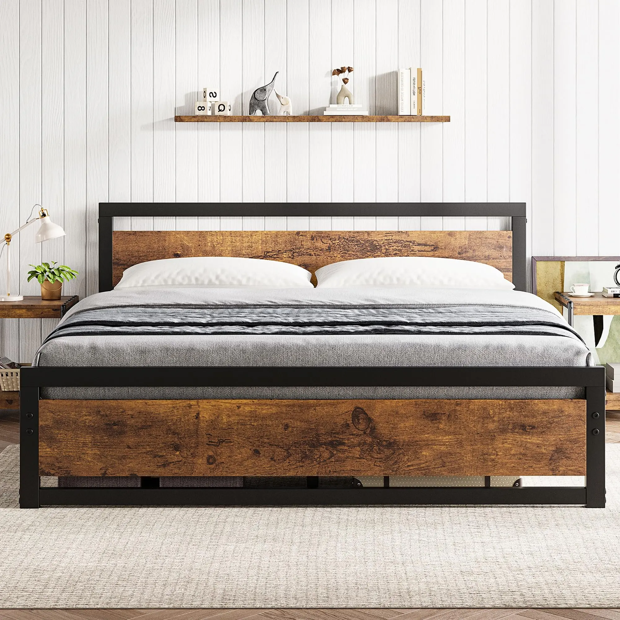 Garvee King Size Metal Platform Bed Frame with Wooden Headboard and Footboard, 14 Inch Tall Industrial Style Bed Frame Featuring Under Bed Storage, Sturdy Steel Slat Support, No Box Spring Needed, Rustic Brown Finish