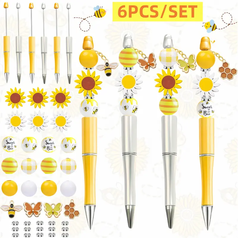 Viral Sunflower DIY Pen Set - 6PCS Aesthetic Bejeweled Beaded Pens Kit with Honeycomb & Bee Charms, Y2K Cute Desk Accessories, Creative Easter Birthday Gifts for Girls, Kids DIY Craft Kit, Beadable Pens